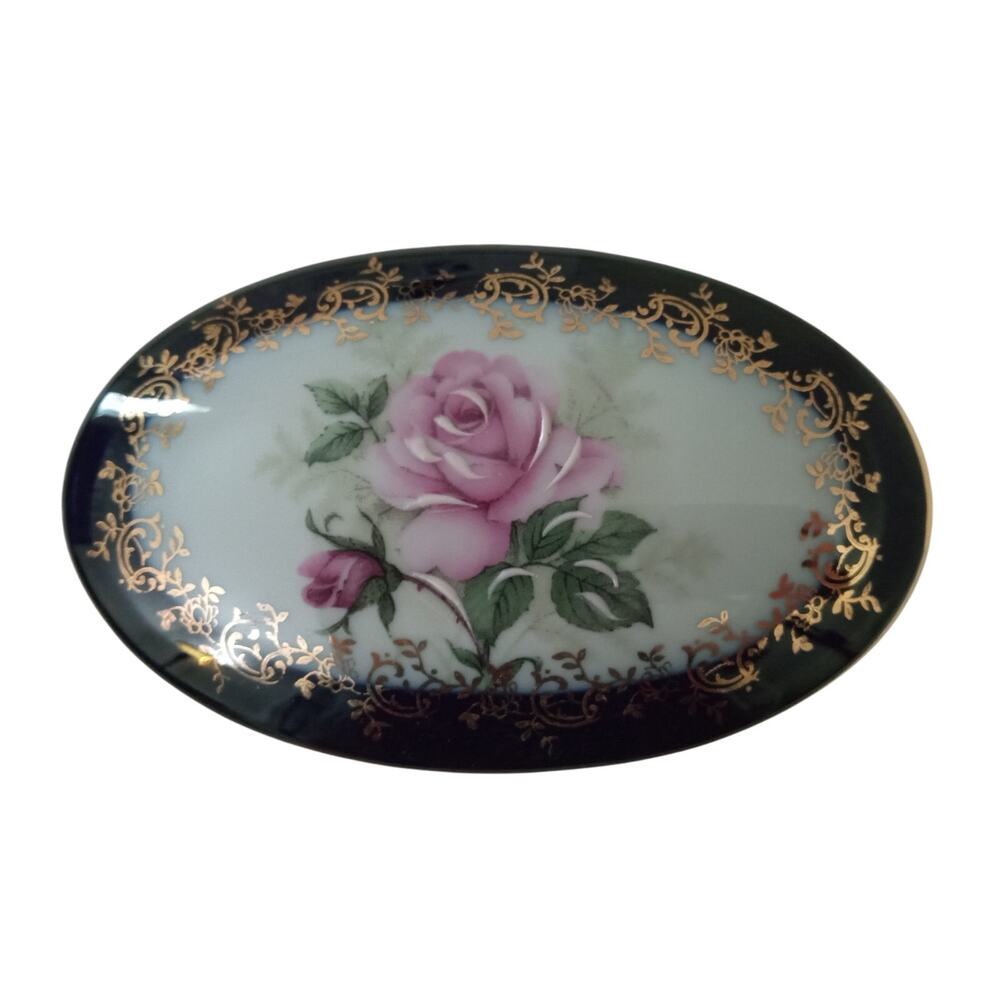 Limoges France Rehausse Main Rose Cobalt Blue Gold Oval PorcelainTrinket Box